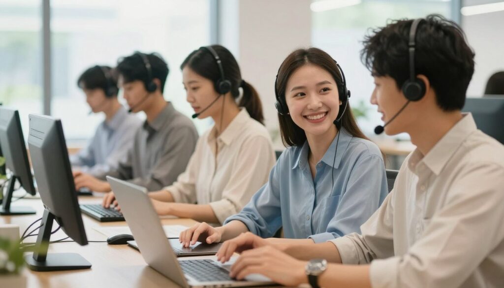 A bright and inviting customer service center, featuring a diverse team of professionals in smart casual attire working together. In the foreground, a friendly customer service representative is assisting a customer, both smiling and engaged in a pleasant conversation. In the middle ground, other team members are on calls and collaborating, reflecting teamwork and efficiency. The background showcases a modern office setting with large windows allowing natural light to fill the space, enhancing the welcoming atmosphere. The overall mood is positive and supportive, emphasizing the importance of customer service excellence in eCommerce. Use a soft focus with warm lighting to create an inviting ambiance and a welcoming environment.
