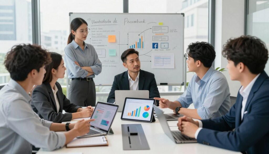 A dynamic e-commerce strategy meeting in a modern office environment. In the foreground, a diverse group of business professionals, dressed in smart casual attire, are gathered around a sleek conference table, engaging in a discussion. One person is pointing at a digital tablet displaying colorful graphs and charts, symbolizing advertising goals. The middle ground features a large whiteboard filled with strategic notes, bullet points, and diagrams relating to digital marketing and Facebook ads. The background shows a bright office with large windows letting in soft, natural light, and urban cityscapes. The atmosphere is energetic and collaborative, emphasizing innovation and growth. The perspective comes from a slightly elevated angle, capturing the group’s dynamic interaction while focusing on the digital tools and visual aids used in shaping advertising strategies.