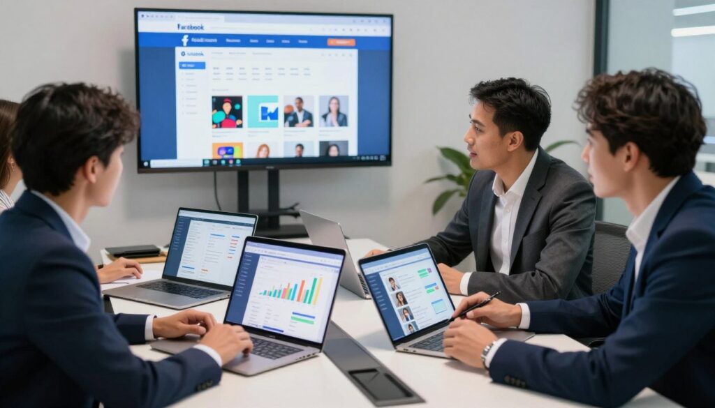 A dynamic office setting showcasing advanced Facebook ad strategies for e-commerce. In the foreground, a diverse group of three professionals, dressed in smart business attire, intensely discussing digital marketing strategies around a modern conference table. The middle ground features multiple digital devices, including laptops and tablets displaying analytics dashboards and ad campaigns, with vibrant graphs and mock social media posts. In the background, a large screen shows Facebook's advertising interface, illuminated by soft ambient lighting that creates a focused yet creative atmosphere. The scene is shot from an eye-level angle to convey engagement, with a bright, optimistic mood that hints at growth and innovation in e-commerce.