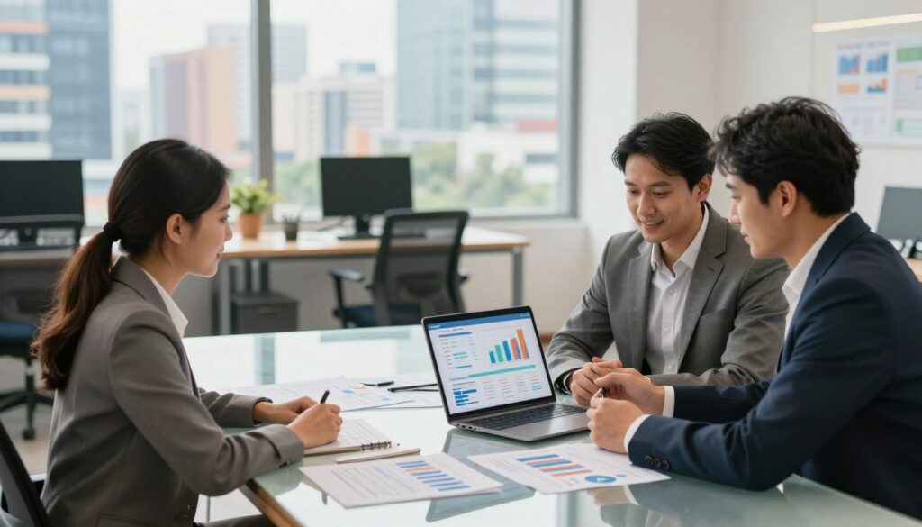 A modern office workspace illustrating various ecommerce funding options. In the foreground, a well-dressed professional woman and a man in business attire are discussing over a laptop, showcasing charts and graphs displaying funding sources like venture capital, bank loans, and crowdfunding. The middle layer features a large, clear table covered with documents and financial reports, conveying a sense of analysis and strategy. In the background, large windows bathe the room in natural light, revealing a vibrant cityscape of India, symbolizing growth and opportunity. The overall atmosphere is focused and optimistic, captured with a slightly warm color palette and a shallow depth of field, emphasizing the subjects while giving context to their discussion.