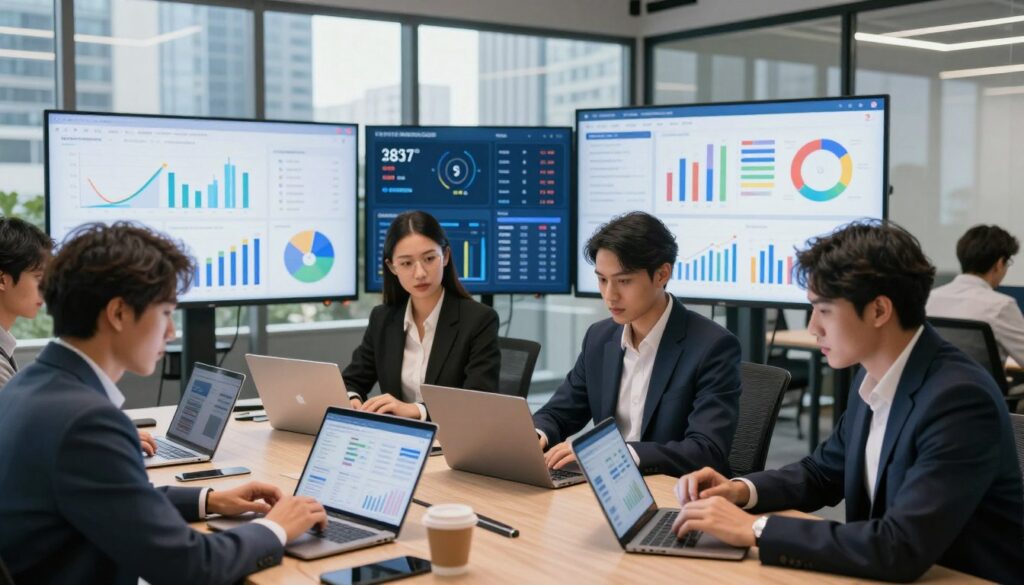 A vibrant and modern office space filled with e-commerce business analytics elements. In the foreground, a diverse group of professionals dressed in smart business attire are analyzing data on digital tablets and laptops, showcasing various graphs and charts. The middle ground features large screens displaying colorful dashboards with key performance indicators (KPIs) and analytics metrics related to online sales and Facebook ad performance. The background shows a cityscape through glass windows, bathed in natural light, creating a motivational atmosphere. The scene is well-lit with soft, warm lighting that enhances the focus on the analytical data, emphasizing the importance of metrics in driving business success. The mood is collaborative and forward-thinking, showcasing a blend of technology and strategic business planning.
