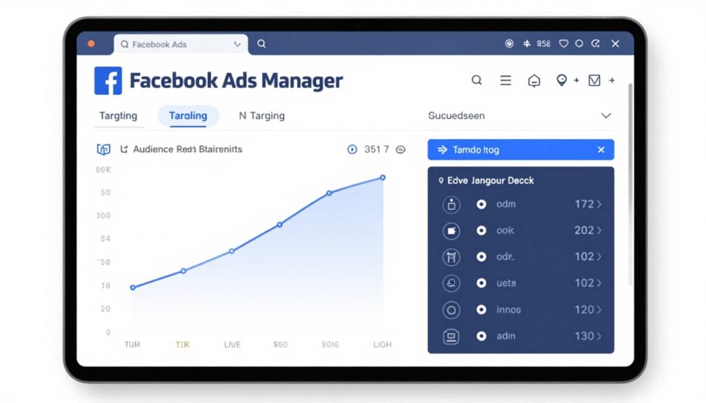 Facebook ads dashboard showing targeting options and audience reach statistics